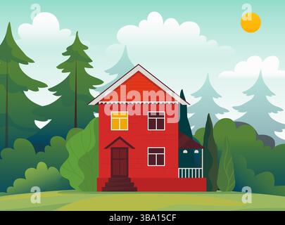 Home exterior. Real estate. Suburban house. Wild forest trees. Residential building on meadow. House with terrace. Residence facade. Mansion in nature. Summer landscape. Vector neighborhood panorama Stock Vector