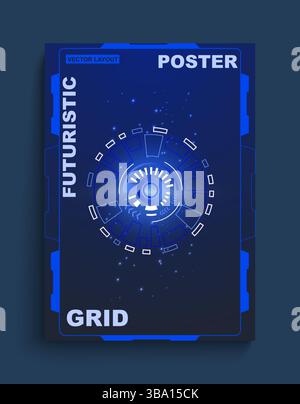 Techno cyberpunk poster. Digital viewfinder. Space HUD frame. Game aiming. Astronaut spaceship. Universe infinity. Galaxy shuttle shooting. Spacecraft flight. Cosmos discovery. Vector Sci-Fi blue card Stock Vector