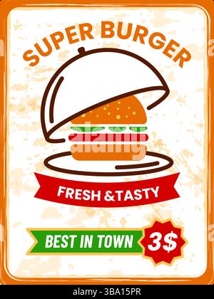 Burger logo. Fastfood price banner. Cheeseburger on plate with cloche. Cafe sale promotion flyer. Fast food restaurant dinner marketing. Hamburger delivery promo. Vector retro card design template Stock Vector