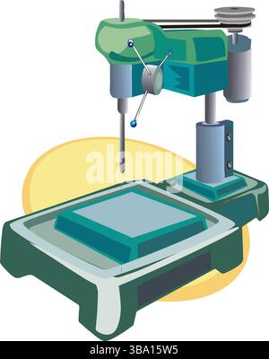A colorful illustration of a green and blue drill press with a silver drill bit and belt-driven mechanism Stock Vector