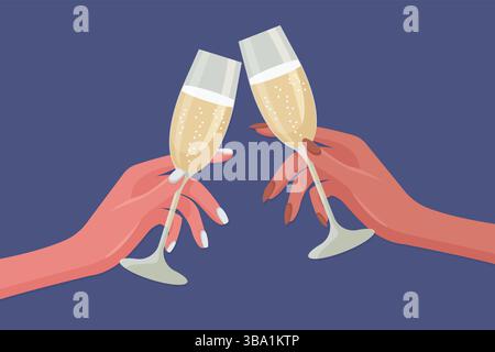 womens hands holding champagne glasses saying cheers flat vector illustration. Stock Vector