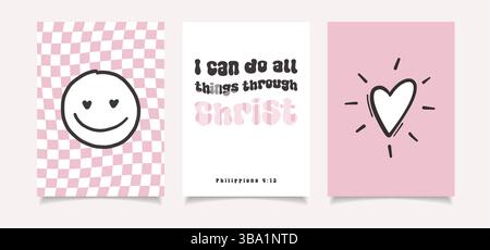 Cool Smile Posters Vector Design. Trendy Groovy Background. Funny Retro Texture, for girl, pink Stock Vector