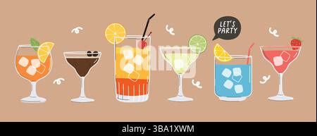 Summer cocktails set. Alcoholic drinks in different glasses. Cocktail menu illustration, card Stock Vector