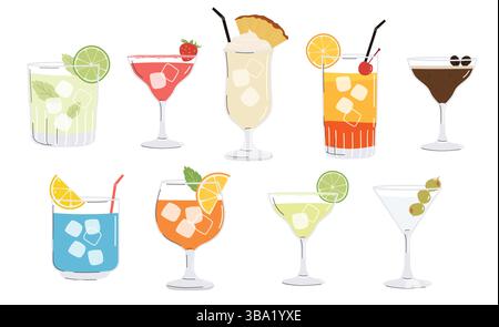 Summer cocktails set. Alcoholic drinks in different glasses. Cocktail menu illustration clipart Stock Vector