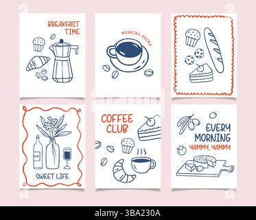 Breakfast doodles posters set. Vector of croissant and coffee, crayon drawing blue, red Stock Vector