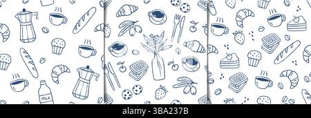 Seamless hand drawn patterns set breakfast food. Sketch style, coffee, croissant. Italian style Stock Vector