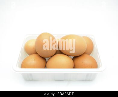 Eggs, fresh brown eggs in the white plastic box Stock Photo