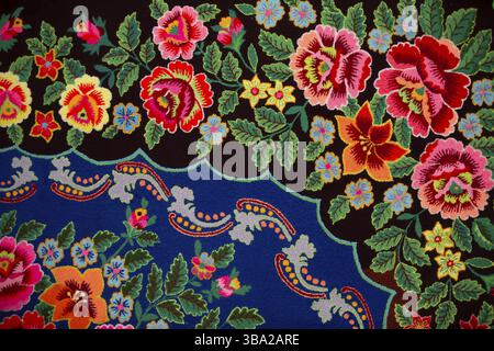 Traditional Slavic ancient embroidered bedspread. Ethnic Ukrainian or Belarusian pattern on the fabric Stock Photo