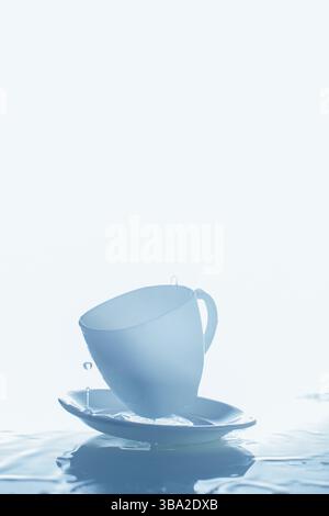 Blue cup and saucer with splashes of water.Vertical photograph of glass and water on a blue background Stock Photo