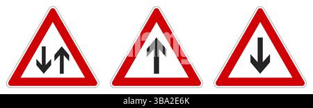 Warning - single/two way traffic sign. Black arrow in red triangle, version with arrow pointing up, down and both ways Stock Photo