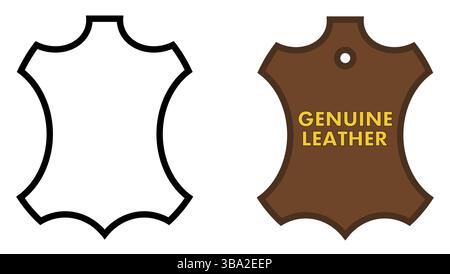 Genuine leather sign. Animal skin outline, black /white and brown version with text Stock Photo