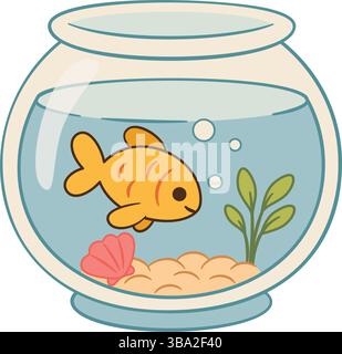 Goldfish in aquarium. Aquarium with gold fish. Hand drawn Flat style isolated icon. Perfect for children's books, websites, pet care, greeting cards, pet stores, stickers. Vector illustration  Stock Vector