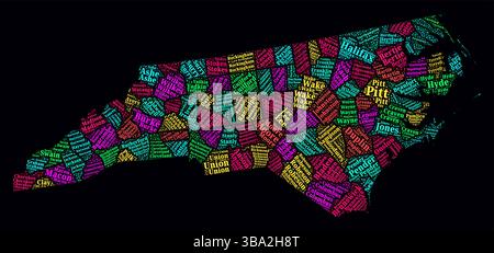 North Carolina Word Cloud. Bright neon style design on dark background. Region names text cloud. Boundary shape with administrative division. Stock Vector