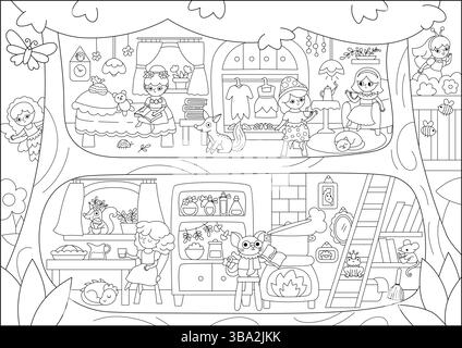Vector black and white acorn fairy house background with cute girls. Woodland princess home interior landscape. Fantasy forest line scene. Magic fairy Stock Vector