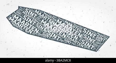 Sint Maarten regions word clouds. Country shape on textured background. Sint Maarten design in typographic style. Vibrant vector illustration. Stock Vector