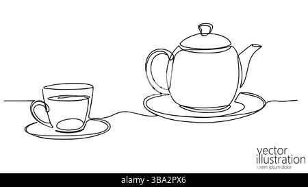 Tea set illustration single line. Teapot cup and saucer. Food and beverage restaurant cafe home rest. Minimalist drawing monochrome design isolated Stock Vector