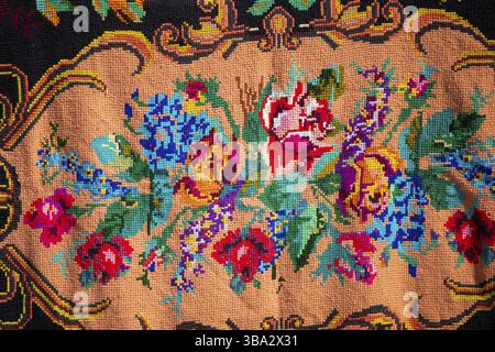 Slavic embroidered towels. National Ukrainian or Belarusian ethnic patterns on the fabric Stock Photo