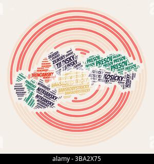 Slovakia Round Poster. Typography style image of the country. Regions word clouds of Slovakia. Vintage image design with scratch texture. Stock Vector