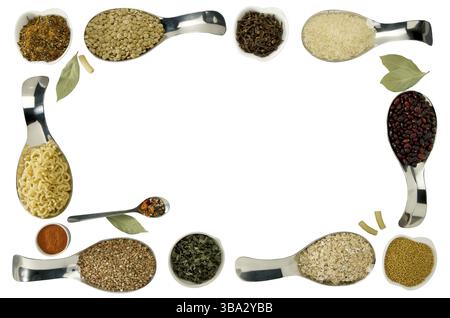 BEANS RICE BUCKWHEAT SEEDS LENTILS SPICES IN SPOONS ON THE ISOLATE Stock Photo