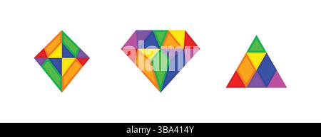 Geometric Rainbow Shapes Vector, Colorful Abstract Diamond, Triangle & Kite Polygon Designs Stock Vector