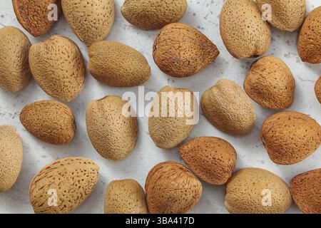Top down view, whole almonds in shell on white board, Liptovsky Hradok, Slovakia, Europe Stock Photo