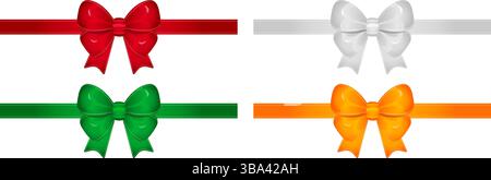 Festive silk bows with ribbons in red, white, green and orange colors. Vector set for Christmas, New Year and other holidays, realistic shiny glossy i Stock Vector