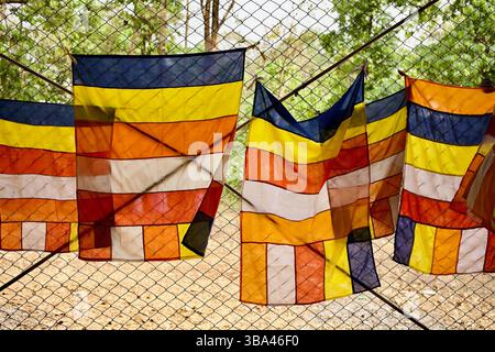 Theravāda Buddhist flags in Rajbana Vihara, Rangamati, symbolising the five colours of the Buddha’s aura, hang on a fence under dappled light. Stock Photo