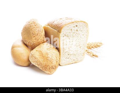 Different types of wheat bread and buns isolated on white Stock Photo