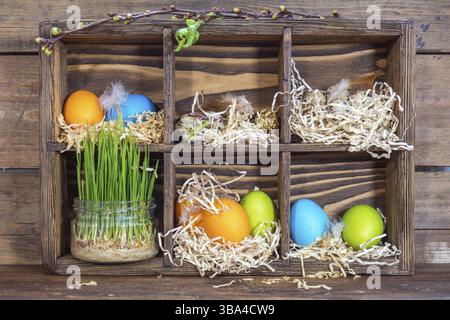 Happy easter holiday concept. Colorful chicken eggs quail eggs germinated wheat in glass jar branch of trees with buds Stock Photo