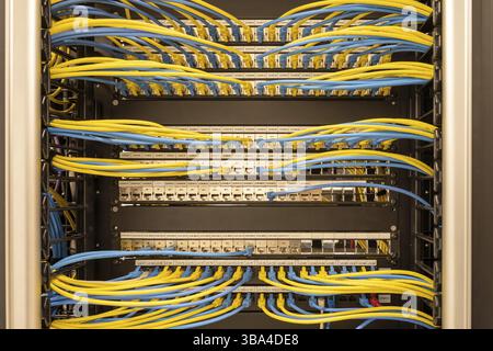 Front view on neat and tidily patched network cables, RJ45, connected to the switches and routers mounted on the rack in data centre, networking Stock Photo