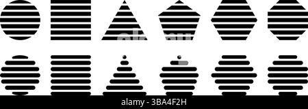 Basic striped geometric shapes isolated on white background. Streaked circle, square and triangle, pentagon, hexagon and octagon forms. Minimalistic design elements. Vector graphic illustration. Stock Vector