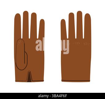 Wrist Length Gloves brown cartoon Fashion hand accessory clothing technical illustration garment. Vector front palm back view for Men, women, unisex style flat template CAD mockup sketch outline Stock Vector