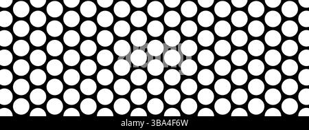 Repeated round dots. White circles on black background. Perforated texture. Pegboard, radiator or speaker grill surface with repeated holes. Mosaic holey print. Vector graphic illustration. Stock Vector