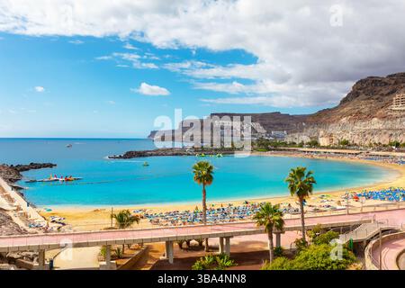 Playa de Amadores in Gran Canaria, beach with golden sand and turquoise waters framed by rugged cliffs and palm trees with colorful umbrellas. Scenic Stock Photo
