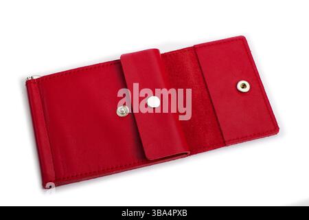 Open red leather wallet on a white background Stock Photo