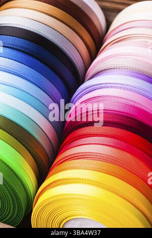 The various colors ribbon bobbins close up Stock Photo