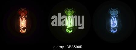 Retro looking light bulb glowing on dark background, bright wire visible in glass - colour can be changed with hue saturation tool, Pribylina, Slovaki Stock Photo