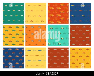 Set of different seamless patterns with Cars. Car Cabriolet, beetle, Sport Car, Tractor, Jeep suv cartoon endless boundless background design. Hand drawn automobile auto transport repeat print vector Stock Vector