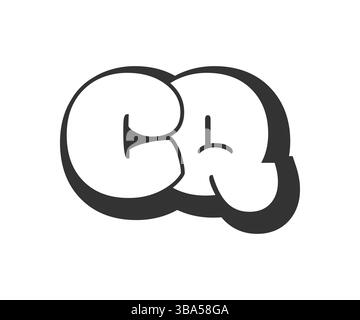 CQ logo, bubble comic lettering, rounded in graffiti style black and white silhouette. Trendy preschool C and Q letter text for festival party, person Stock Vector
