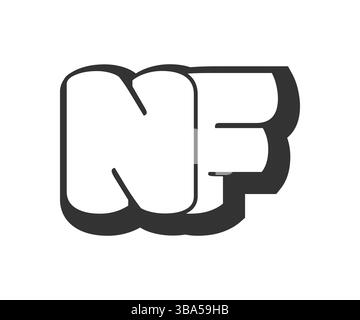 NF logo, bubble comic lettering, rounded in graffiti style black and white silhouette. Trendy preschool N and F letter text for festival party, person Stock Vector