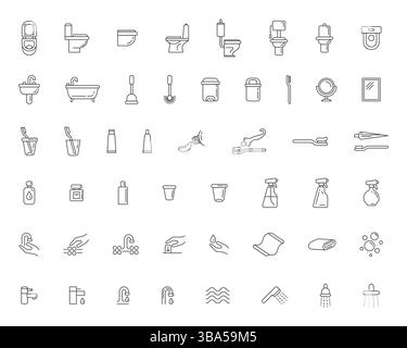 Bathroom essentials line icons. Minimalist vector set showcasing hygiene, plumbing  cleaning elements. Great for design, app or website Stock Vector