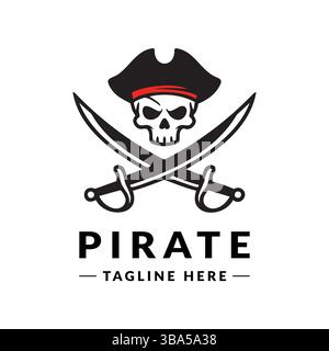 The pirate logo features a skull wearing a pirate hat and crossed swords, displayed on a white background. Stock Vector
