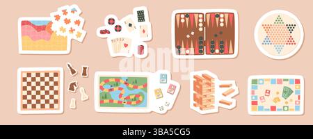 Flat Cartoon Board Game Sticker Set Stock Vector