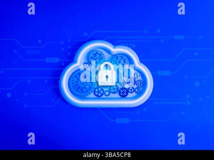 Cloud computing technology, security data system storage service concept. Digital lock icon on many gears and cogs management inside cloud storage on Stock Photo