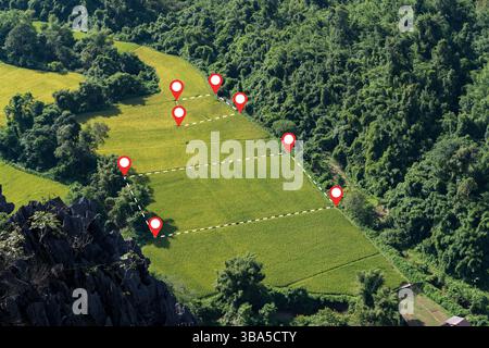 Land plot management, real estate concept with a vacant land on a green field available for building construction and housing subdivision in a residen Stock Photo