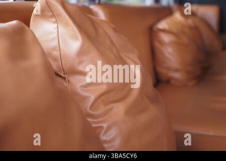 Soft brown leather cushions arranged on a cozy sofa in a lounge Stock Photo