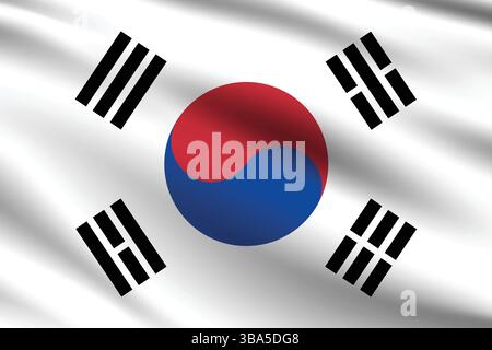 Flag of South Korea. South Korea flag official colors and proportion digital vector illustration. Wavy flag. Pleated flag. Stock Vector