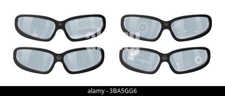 Four pairs of smart glasses showing augmented reality interfaces Stock Vector