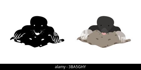 Mole digging and emerging from the ground and its silhouette Stock Vector