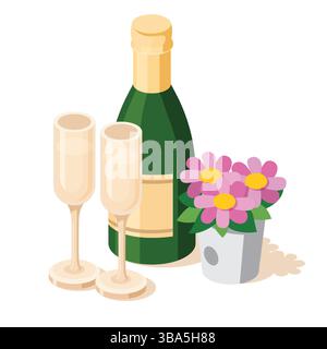 Isometric champagne bottle with two glasses and pink flowers in bucket. Vector illustration. Objects isolated on white background. Stock Vector